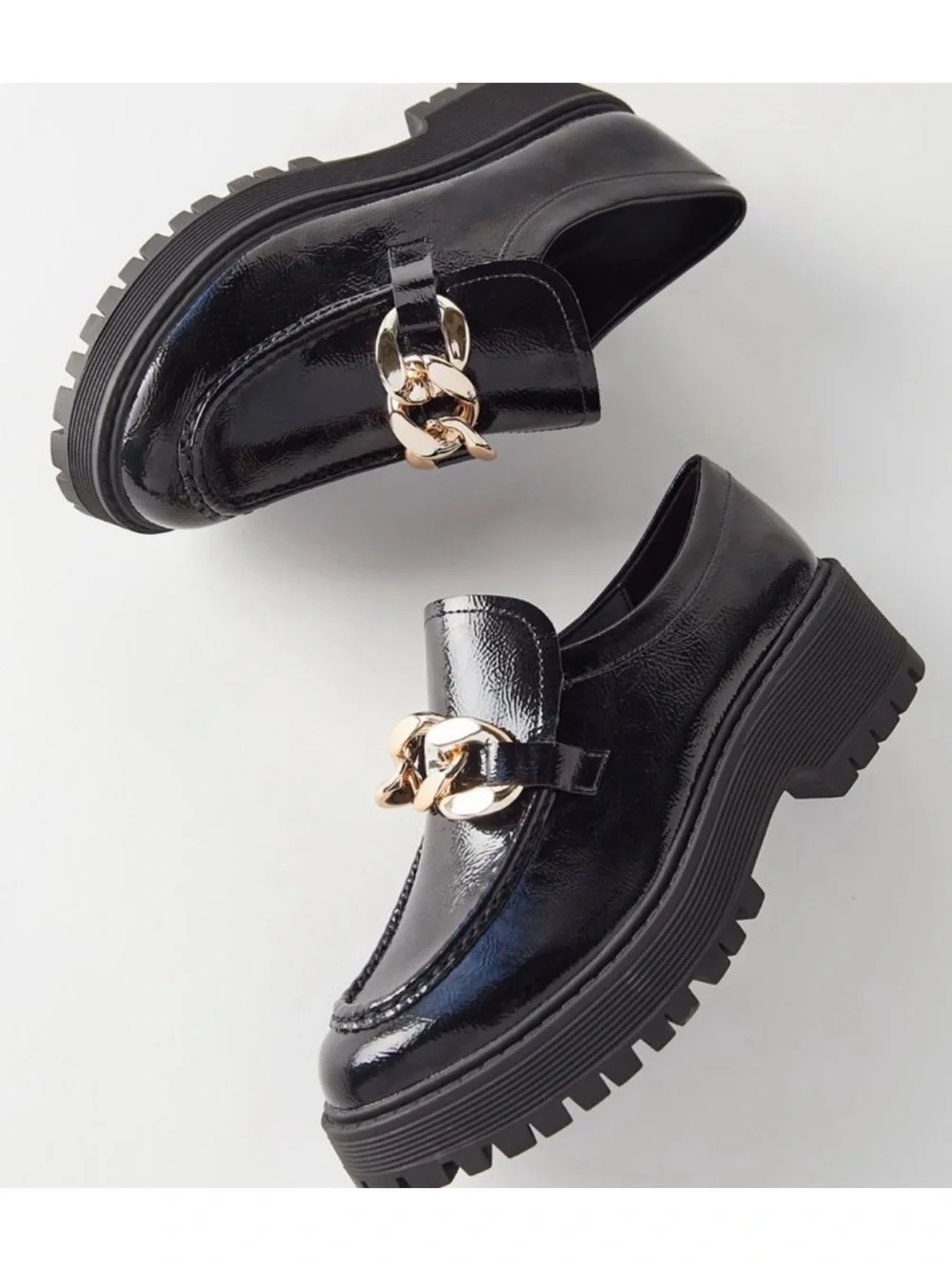Steve Madden Malvern Chunky Platform Loafers Lug Sole Black Size 8.5 Gold Chain